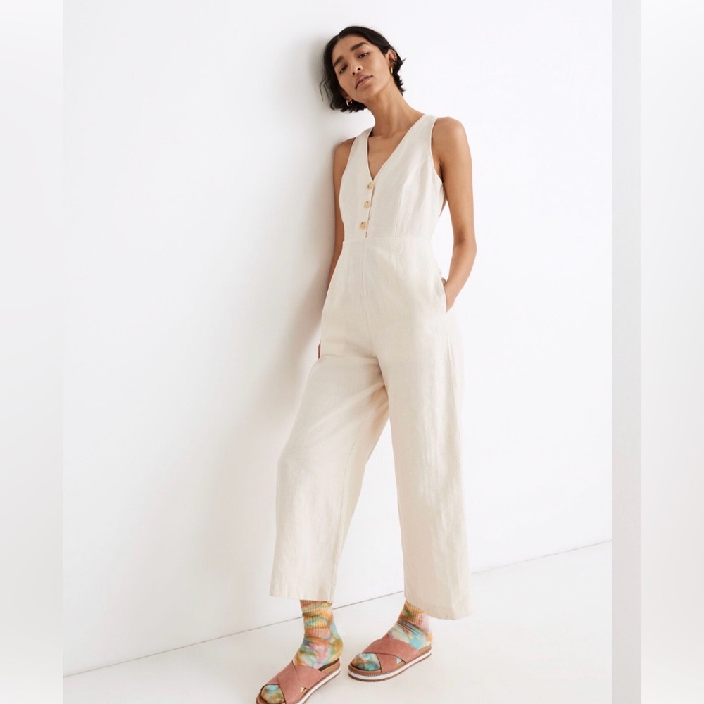 Madewell Linen-Blend Sleeveless Button-Front Jumpsuit Bone Off White Size 10